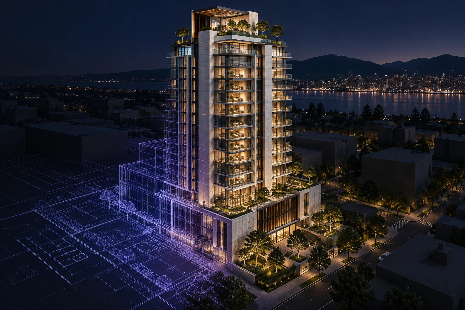 Render de una torre residencial que pasa de planos a proyecto terminado